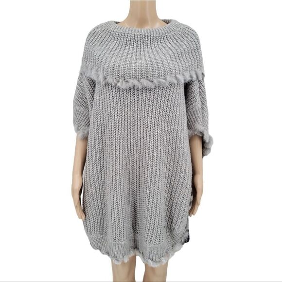 Picadilly Gray Shawl Collar Poncho Sweater Rabbit Fur Trim Women's Plus Size XXL - Picture 1 of 13